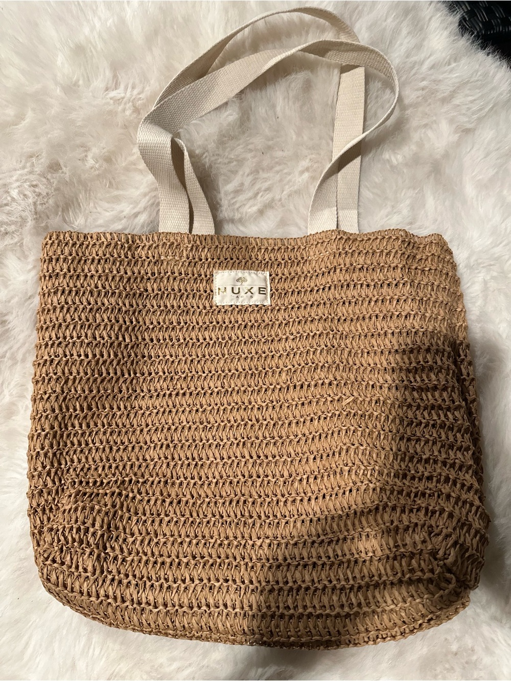 NUXE Paris Woven Straw Tote Bag Natural Tan Summer Beach Bag Canvas Straps - Picture 2 of 2